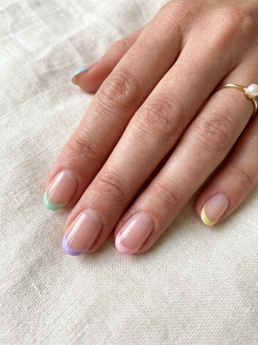 Pastel Rainbow French Nails mit verschiedenen sanften Pastellspitzen